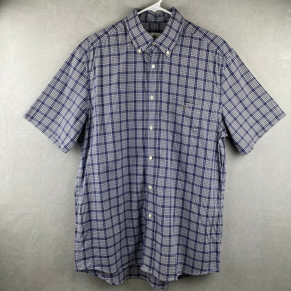 Lacoste Mens Gingham Check Short Sleeve Preppy Button Down Shirt Navy Croc 42/L